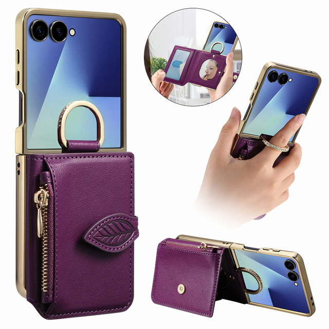 Flip Kickstand PU Leather Zipper Storage Phone Wallet Case for Samsung Galaxy Z Flip 7 Case with Card Holder Built-in Mirror