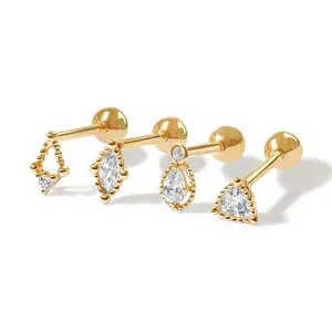 Gemnel High Quality Pure Gold Plated 925 Silver Geometric Women's Piercing Set Earring