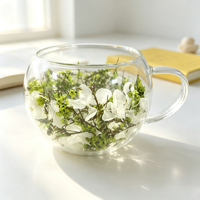 Mug en verre à double paroi avec fleurs séchées naturelles vertes, tasse à café ou à thé isolée en borosilicate résistant à la chaleur avec poignée