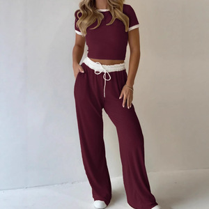 Ensemble décontracté deux pièces pour femme, bleu marine, haut court à manches courtes, pantalon large, couleur unie, vêtements de sport, tailles S M L XL - Product Image 2