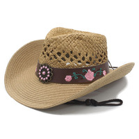 Chapeau de cowboy occidental en paille tressée à la main pour femme, avec bandeau brodé floral et perles, large bord, idéal pour la plage et les voyages, protection solaire estivale