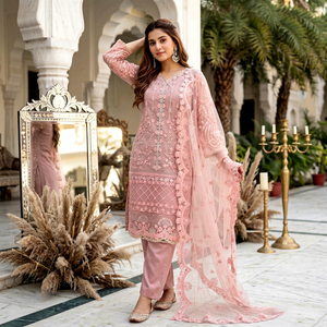Ensemble Salwar Kameez pakistanais brodé rose avec dupatta en résille et pantalon palazzo en dentelle pour femme, idéal pour les mariages et les fêtes - Product Image 1