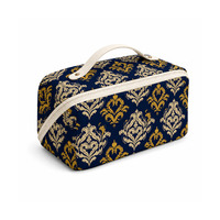 Trousse de Toilette Damassée Bleu Doré avec Poignée, Grande Ouverture, Organisateur de Maquillage, Pochette de Voyage Cosmétique pour Femme