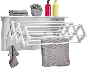 Porte-serviettes mural rétractable en accordéon en bois avec crochets pour vêtements et serviettes Buanderie ou garage - Product Image 2