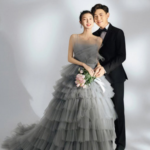 Elegant Gray Tulle Ball Gown Wedding Dress Strapless Natural Waist Long Train Studio Photography Outfit - Product Image 3
