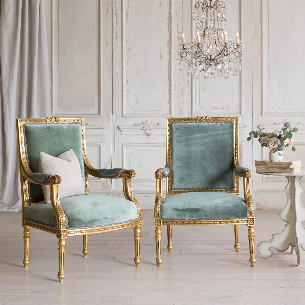 Meubles de salon de haute qualité fauteuils en tissu de velours en bois de bouleau massif fauteuil d'appoint français canapés en bois