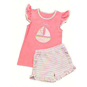 GSSO3157 CUSTOM Little Active Casual Girl pink go Fishing Print Outfits Kids Wholesale Short Sleeve Set Child - Product Image 3