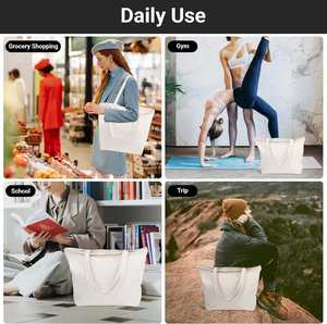 Sac fourre-tout réutilisable en toile de coton naturel beige de 12 oz, petit format, robuste, avec fermeture éclair, idéal pour la plage et les cadeaux de voyage - Product Image 6