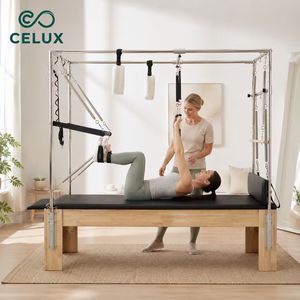 Reformer <span class=keywords><strong>Pilates</strong></span> Classico Direttamente dalla Fabbrica con Torre Completa in Legno di Quercia per Allenamento Yoga ed Esercizi - Product Image 3