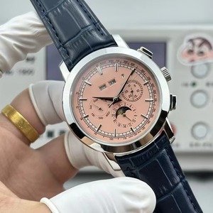 Montre automatique de luxe pour homme, cadran saumon, chronographe, phases de lune, boîtier argenté, bracelet en cuir bleu, modèle 2026, vente chaude - Product Image 1