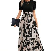 Robe d'été 2025 pour femmes européennes et américaines, imprimé floral, taille haute, élégante, à la mode, à manches courtes