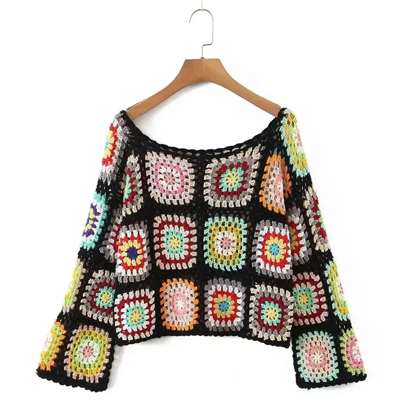 YUNXUN rétro nostalgie évider Design haut femmes printemps chandails à la main au crochet tricots pull