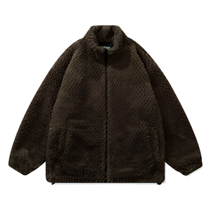 Chaqueta de Forro Polar Sherpa Texturizado Marrón Oscuro Personalizada con Cierre y Cuello Alto, Ropa de Abrigo Informal para Invierno - Product Image 1