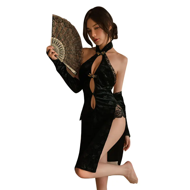 Boutique en ligne Offre Spéciale noir CheongSam Lingerie jupe chinois fille chaude vêtements de nuit adolescentes ouvert femmes Sexy Lingerie