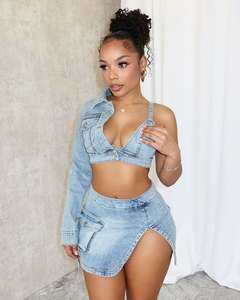 Completo Denim Primaverile Estivo 2024, Set di 2 Pezzi con Gonna, Trendy Set di Gonna in Jeans, Streetwear Giacca e Jeans Crop, Completi in Denim da Donna - Product Image 3