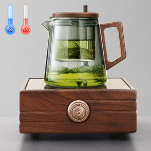 Théière en verre borosilicate transparent/gris de haute qualité avec poignée en bois et mécanisme de libération pour faire bouillir le thé - Product Image 4