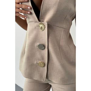 Ensemble de veste boutonnée en lin beige avec pantalon, ensemble deux pièces, chemisier et pantalon, costume de bureau, MOQ 2 pièces - Product Image 3