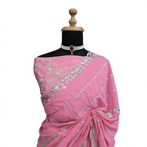Sari Indio Premium Exclusivo de Tela Georgette Suave con Bordado, Elegante Traje Tradicional para Novia, Vestido de Boda - Product Image 1