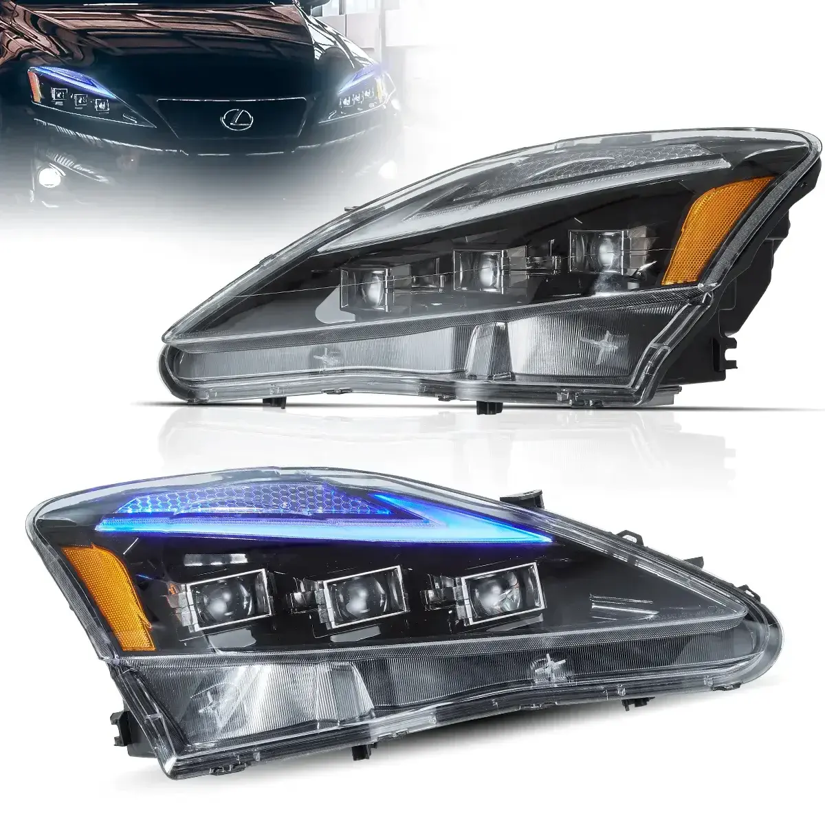 VLAND lampu depan proyektor LED, lampu depan proyektor untuk Lexus IS250/IS350 2006-2012 IS200d /ISF 2008-2014 dengan pernapasan biru DRL