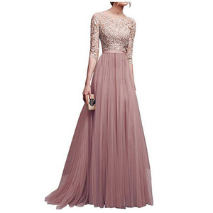 <strong>Women's</strong> Chiffon Evening Gown Long Dress O-Neck Three Quarter Sleeve For <strong>Wedding</strong> Banquet <strong>Attire</strong> Pink Color - Product Image 1