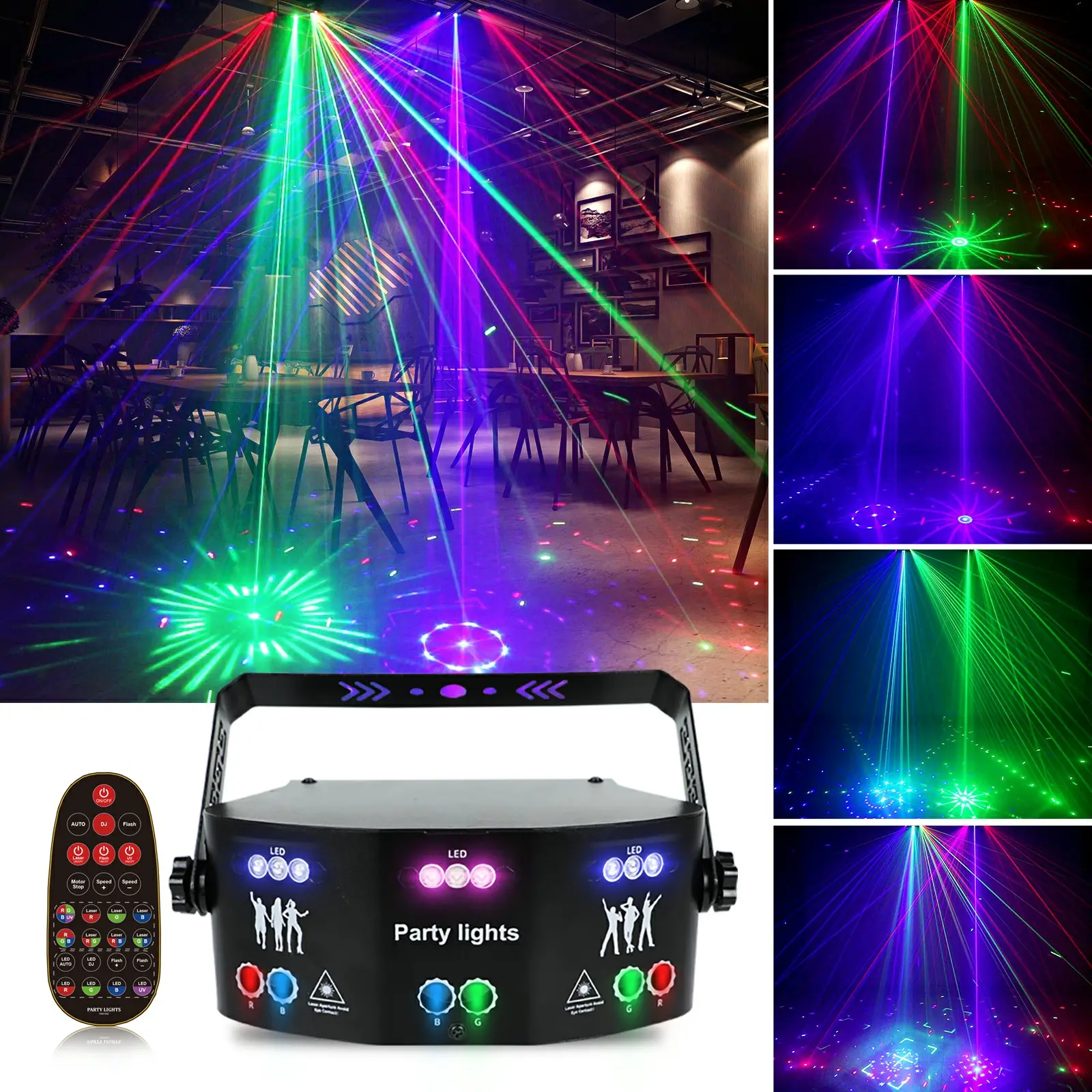 DJ lampu disko RGB 15 mata, lampu pesta lampu panggung DMX512 dengan aktivasi suara, lampu strobo pola LED untuk pesta pertunjukan Natal