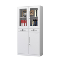 Armoire de classement en métal avec portes en verre, tiroirs et étagères réglables, design de rangement en acier pour des dossiers de bureau organisés