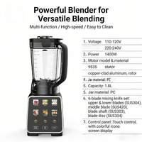 Mixeur Électrique Numérique Programmable Robuste 1400W, Capacité 2L, 3 Vitesses, Broyeur de Glace, 6 Lames, pour Smoothies et Jus, Usage Domestique