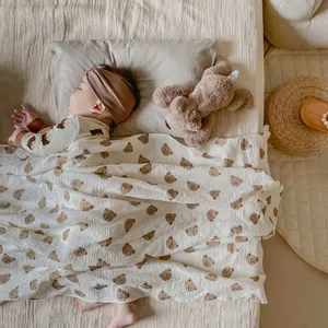 熊印花婴儿毯新生儿平纹棉纱襁褓包裹床上用品婴儿女童男童睡毯婴儿配件