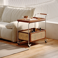 Table d'appoint moderne en bois d'hévéa et rotin, avec chariot roulant en acier inoxydable et poignée, pour salon