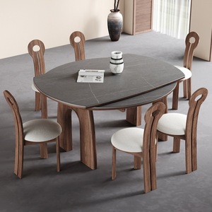 Juego de mesa de comedor extensible de madera maciza de 6 piezas, redonda, telescópica y plegable para comedor - Product Image 1