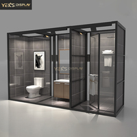 Cabine d'exposition moderne noir mat pour salle de bain, salle de simulation de salle d'exposition d'articles sanitaires, espace personnalisable pour toilettes, douche et meuble-lavabo