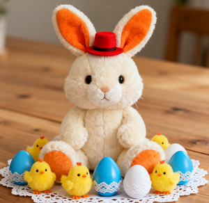 Boneka Kelinci Gaya Vintage Warna Beige dengan Topi Merah, Mainan Hewan Premium Terbuat dari Poliester dan Kapas PP untuk Hadiah dan Dekorasi Liburan - Product Image 1