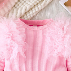 ชุดเสื้อผ้าเด็กผู้หญิง ชุดน่ารักสไตล์เจ้าหญิง ผ้าขนสัตว์ผสม แต่งลายทางหวานๆ แขนยาว ผ้าตาข่าย โบว์ผูกเอว กระโปรงสั้นจีบระบาย ระบายอากาศได้ดี - Product Image 4