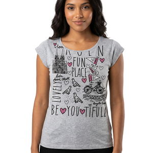 Camiseta gris de manga corta para mujer con estampado de Fun City y diseño de corazón, top informal de verano con cuello redondo, tejido tipo jersey - Product Image 1
