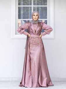 SIPO girocollo tessuto di <span class=keywords><strong>raso</strong></span> lucido Abaya <span class=keywords><strong>maniche</strong></span> <span class=keywords><strong>lunghe</strong></span> a tromba con polsini impreziositi abito musulmano da donna Abaya - Product Image 4