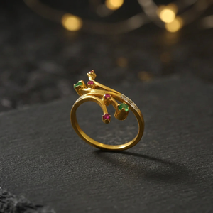 Art Palace Golden Plant-Inspired 925 Silver Gemstone Cluster <b>Ring</b> <b>Ruby</b> Emerald Prong Setting Bohemian Style Unisex Everyday Wear - Product Image 3