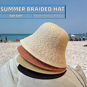 Nouveau Chapeau Bob de Pêcheur Tressé Double Face pour l'Été, Polyvalent, Protection Solaire, Pliable, Creux, Couleur Unie, Plage, 100% Coton - Product Image 2