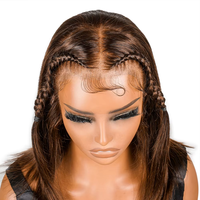 Perruque Bob tressée brune 13x4 Lace Front, cheveux humains Remy lisses pré-tressés avec dentelle transparente, baby hair et installation sans colle