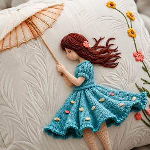 Juego de Ropa de Cama Infantil con Apliques de Niña con Sombrilla, Pompones y Flores, Edredón Blanco y Gris para Habitación Infantil - Product Image 3