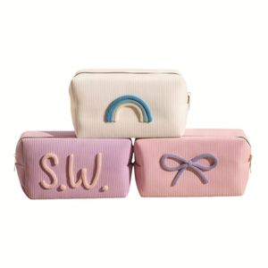 Bolsa de Cosméticos de Viaje de Lona Tejida a Mano, Color Sólido Clásico, Organizador de Maquillaje Portátil Multifuncional, Nombre Personalizado - Product Image 2