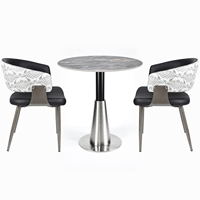 Table de salle à manger ronde en pierre frittée, base de table en fer recouverte d'acier inoxydable, table de bistrot pour restaurant commercial