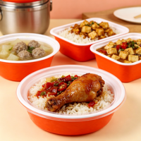 Bol jetable en PP pour plats à emporter avec couvercle transparent haut rouge et orange, récipient alimentaire blanc anti-brûlure