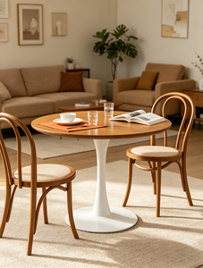Mesa de Comedor Redonda de Madera Clara con Base de Pedestal Único, Estilo Tulipán, Ideal para Espacios Pequeños, Mesa de Desayuno o Café - Product Image 2