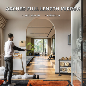 <b>Arched</b> <b>Full</b> <b>Length</b> Metal Framed Handmade Contemporary Dressing Room <b>Mirror</b> Wheels 360 Swivel Rolling HD Tempered Glass Floor - Product Image 2