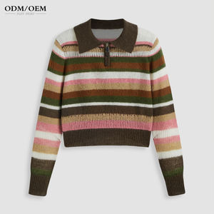 Pull court à rayures en tricot pour femme, nouvelle collection Printemps 2025, style rétro, col à revers, manches longues, style universitaire - Product Image 4