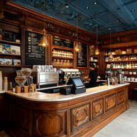 Comptoir de café commercial en bois de luxe au design vintage pour boulangerie, avec rangements intégrés