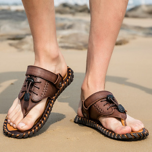 Sandales pour hommes en cuir véritable à bride en T, respirantes, à bout ouvert, décontractées, pour l'été, avec semelle extérieure en caoutchouc, semelle intermédiaire en EVA et design à lacets - Product Image 5