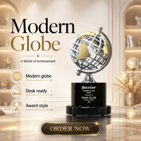 Trophée globe en métal gravé sur mesure avec base en cristal noir, trophée de récompense pour entreprise, souvenir de reconnaissance professionnelle