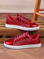 Sneakers tendance à paillettes rouges pour femmes, chaussures décontractées scintillantes pour les soirées, logo personnalisé, écologiques et confortables
