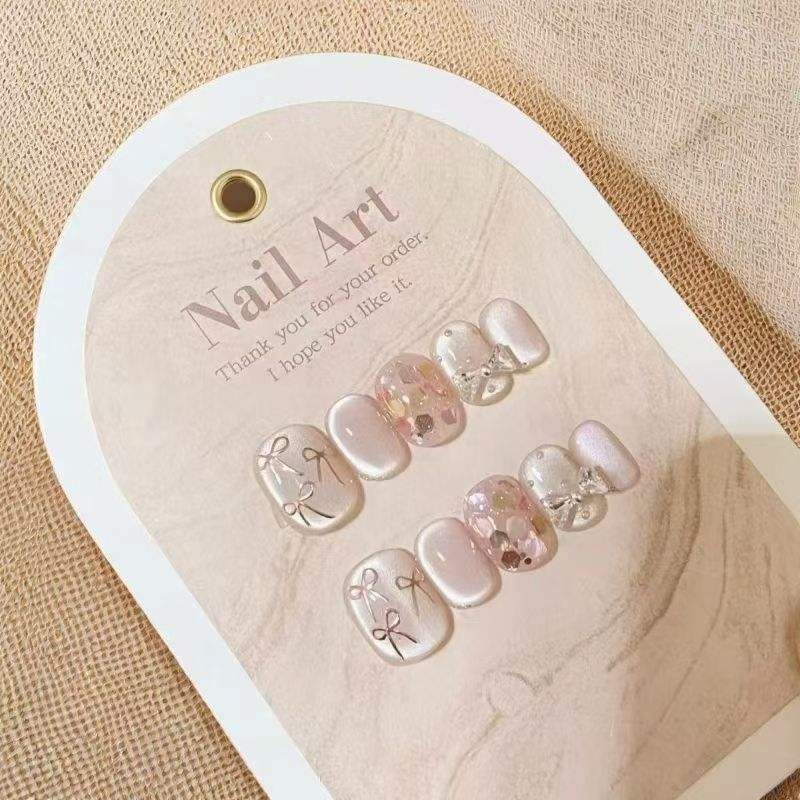 Qianya Kawaii Handmade Cat Eye Press on Nails with Dried Flower Bow Designs 10pcs Gentle Elegant Brightening Reusable Fake Nails